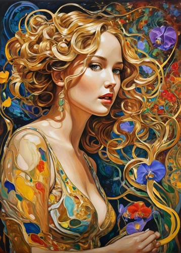 fantasy art,meticulous painting,art painting,oil painting on canvas,mystical portrait of a girl,italian painter,boho art,oil painting,blonde woman,glass painting,golden haired,blond girl,girl in flowers,psychedelic art,secret garden of venus,body painting,painter,bodypainting,blonde girl,the enchantress,Illustration,Realistic Fantasy,Realistic Fantasy 39