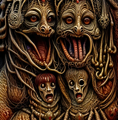the mother and children,mother and children,wooden mask,three eyed monster,mother with children,creatures,mummies,african masks,heads,labyrinth,halloween masks,maggots,barberry family,wooden figures,hag,krampus,mahogany family,fractalius,carcass,comedy tragedy masks