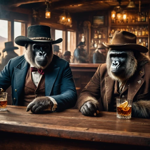 wild west,anthropomorphized animals,cowboys,tennessee whiskey,unique bar,drinking party,monkeys band,great apes,primates,wild west hotel,jack daniels,western film,animals play dress-up,drinking establishment,business icons,chivas regal,parookaville,american whiskey,monkey gang,canadian whisky,Photography,General,Fantasy
