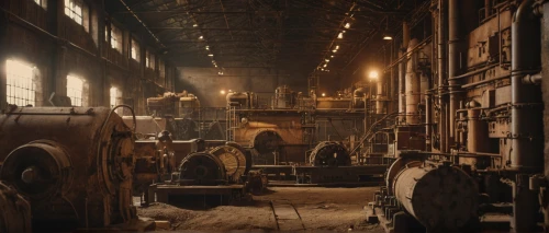 mining facility,engine room,industrial hall,factory hall,steel mill,foundry,industrial plant,the boiler room,heavy water factory,factories,abandoned factory,old factory,furnace,dust plant,industrial landscape,metallurgy,industrial,industry,mine shaft,industrial ruin,Photography,General,Cinematic