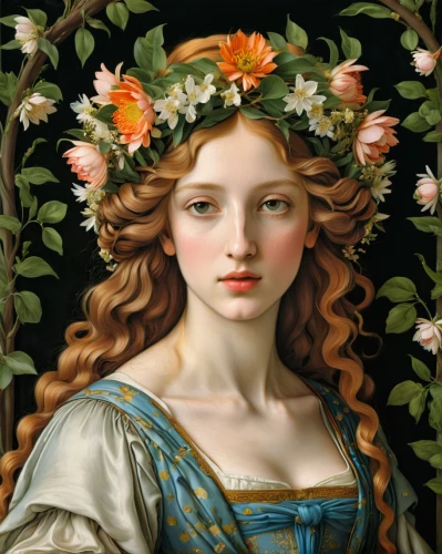 girl in a wreath,floral wreath,girl in flowers,laurel wreath,wreath of flowers,blooming wreath,rose wreath,emile vernon,botticelli,flora,flower crown of christ,flower wreath,floral garland,flower crown,spring crown,girl in the garden,jessamine,portrait of a girl,flower garland,beautiful girl with flowers,Art,Classical Oil Painting,Classical Oil Painting 34