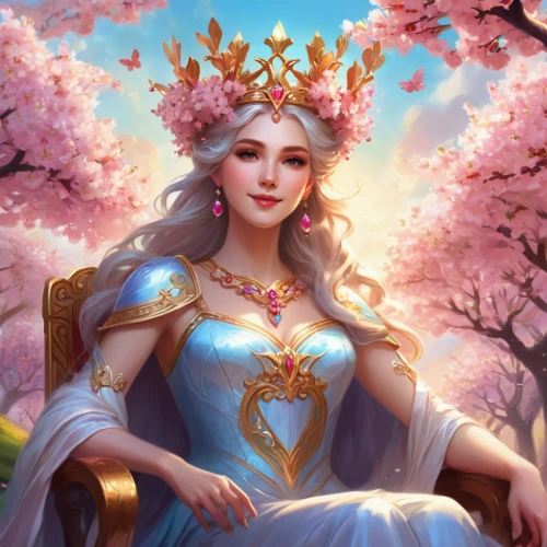 spring crown,heart with crown,fairy queen,fantasy portrait,princess crown,zodiac sign libra,spring unicorn,lilac blossom,japanese sakura background,oriental princess,portrait background,queen crown,fantasy picture,flower fairy,golden crown,spring background,summer crown,flower background,blossoming apple tree,apple blossoms,Illustration,Realistic Fantasy,Realistic Fantasy 01