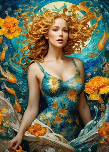 merfolk,the blonde in the river,fantasy art,mermaid background,the sea maid,mermaid,water nymph,siren,underwater background,the zodiac sign pisces,mermaid vectors,ornamental fish,the garden marigold,fantasy picture,marigold,gold fish,flora,girl in flowers,fantasy portrait,the wind from the sea,Illustration,Realistic Fantasy,Realistic Fantasy 39