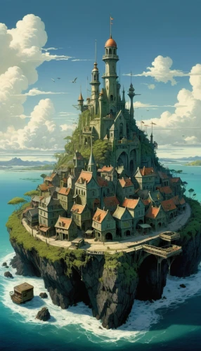 mushroom island,floating island,islet,house of the sea,water castle,island of juist,the island,an island far away landscape,fantasy city,artificial island,flying island,peninsula,monkey island,floating islands,island,fantasy world,islands,knight's castle,fairy tale castle,ancient city,Illustration,Realistic Fantasy,Realistic Fantasy 05