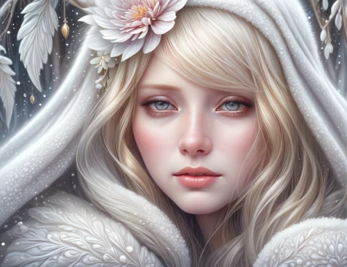 white rose snow queen,the snow queen,suit of the snow maiden,fantasy portrait,faery,white snowflake,white lady,ice queen,elven,mystical portrait of a girl,eternal snow,winter dream,faerie,white blossom,winter rose,fairy queen,fantasy art,elven flower,white fur hat,fairy tale character