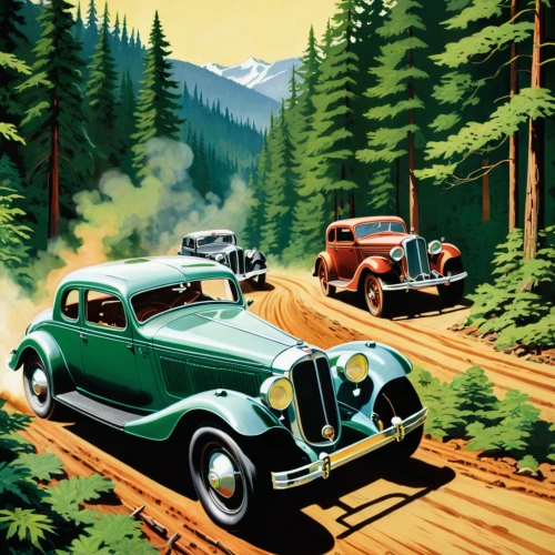 travel poster,vintage cars,vintage illustration,classic cars,old cars,volvo pv444/544,volvo cars,american classic cars,morris eight,citroën traction avant,bmw 328,bmw 327,2cv,mg cars,classic car meeting,willys-overland jeepster,automobiles,illustration of a car,redwoods,packard four hundred,Illustration,American Style,American Style 08