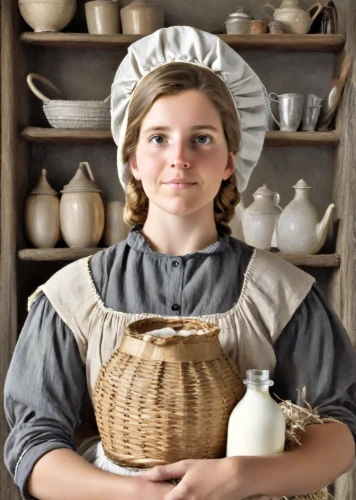 girl in the kitchen,milkmaid,girl with bread-and-butter,mennonite heritage village,cookware and bakeware,woman holding pie,girl in a historic way,basket maker,dutch oven,chef,girl with cereal bowl,gingerbread maker,chef's uniform,pastry chef,confectioner,cookery,laundress,cheesemaking,tureen,cooking utensils