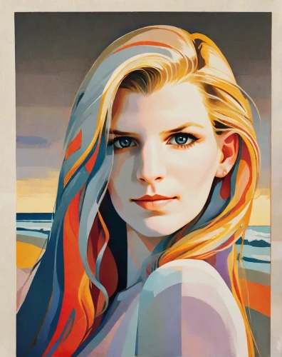 blonde woman,the beach pearl,beach towel,watercolor pin up,the sea maid,daphne,girl-in-pop-art,bondi,girl on the dune,surfer hair,portrait of a girl,art deco woman,pompadour,popart,aphrodite,young woman,cool pop art,oil painting on canvas,pop art woman,girl portrait