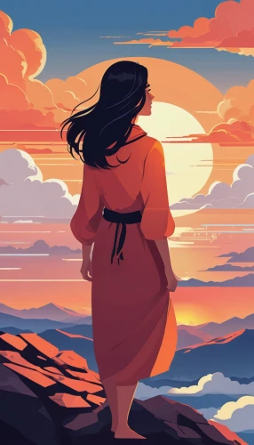 sunset glow,sunset,coast sunset,mountain sunrise,sunsets,orange sky,warm colors,girl on the dune,setting sun,sundown,dusk background,the horizon,wanderer,wander,sunrise,woman silhouette,digital painting,summer evening,windy,eventide,Illustration,Japanese style,Japanese Style 06