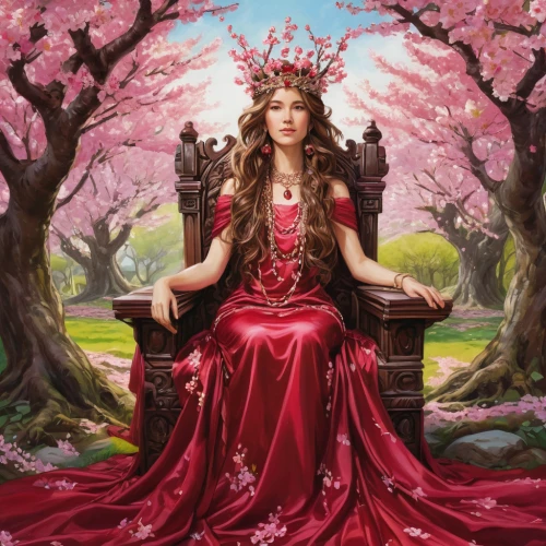 scarlet witch,fantasy picture,spring crown,celtic queen,fantasy portrait,fairy queen,queen of hearts,queen crown,oriental princess,japanese sakura background,fantasy art,iranian nowruz,throne,blossoming apple tree,apple blossoms,pomegranate,priestess,the cherry blossoms,heart with crown,spring equinox,Conceptual Art,Fantasy,Fantasy 08
