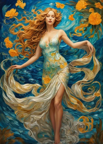 the wind from the sea,water nymph,siren,the sea maid,rusalka,gold foil mermaid,the zodiac sign pisces,the blonde in the river,wind wave,whirlpool,merfolk,mermaid background,zodiac sign libra,fantasy art,fantasy portrait,golden flowers,gold filigree,aphrodite,nami,aquarius,Illustration,Realistic Fantasy,Realistic Fantasy 39