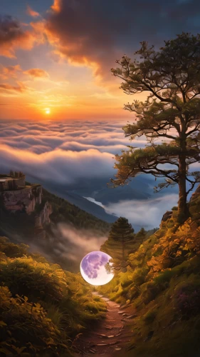 fantasy landscape,fantasy picture,landscape background,the mystical path,lone tree,mushroom landscape,world digital painting,mountain sunrise,nature landscape,beautiful landscape,mountain landscape,landscape nature,foggy landscape,landscapes beautiful,background view nature,photo manipulation,purple landscape,isolated tree,high landscape,magic tree,Photography,General,Commercial