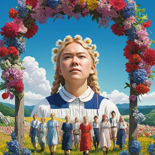 wreath of flowers,flower garden,bach flower therapy,flower crown of christ,blooming wreath,film poster,way of the roses,album cover,everlasting flowers,field of flowers,芦ﾉ湖,the order of the fields,sound of music,culture rose,flower garland,flower dome,bjork,blooming field,devotees,god,Illustration,Japanese style,Japanese Style 11