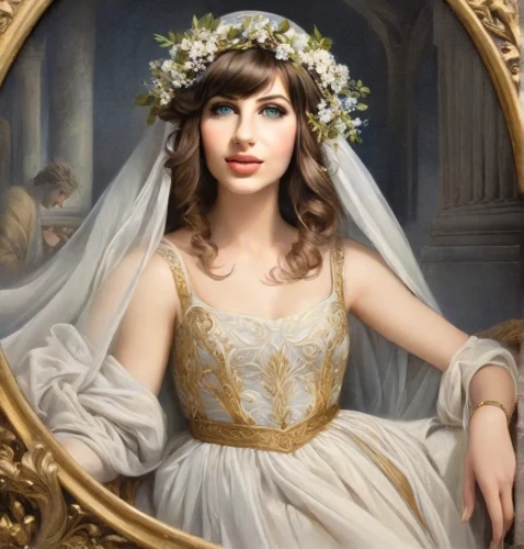 emile vernon,the angel with the veronica veil,girl in a wreath,romantic portrait,bridal,jessamine,cleopatra,portrait of a girl,bridal veil,bridal dress,portrait of christi,fantasy portrait,debutante,cinderella,mystical portrait of a girl,mary-gold,diadem,bridal clothing,flower crown of christ,bride