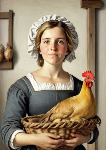 girl with bread-and-butter,cockerel,portrait of a hen,domestic chicken,woman holding pie,girl in the kitchen,bornholmer margeriten,hen,milkmaid,poultry,domestic bird,brakel hen,brakel chicken,the hen,pullet,polish chicken,make chicken,david bates,the chicken,rooster