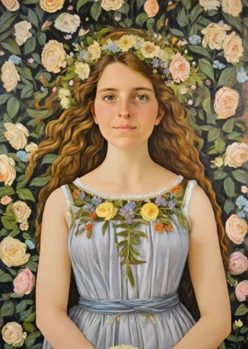 girl in flowers,girl in a wreath,girl in the garden,girl picking flowers,portrait of a girl,kahila garland-lily,young woman,beautiful girl with flowers,lilian gish - female,rose woodruff,girl in a long,young girl,girl in a long dress,girl with tree,flora,bibernell rose,girl with bread-and-butter,wreath of flowers,mary-gold,oil painting on canvas