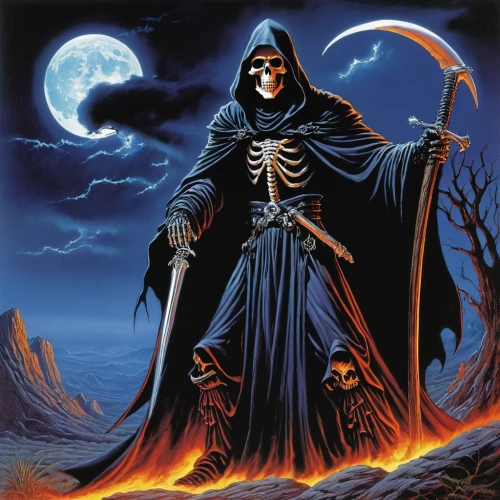 grim reaper,grimm reaper,dance of death,reaper,death god,helloween,death angel,angel of death,death's-head,skeleltt,scull,halloween poster,undead warlock,vanitas,skeletal,skull bones,blackmetal,death head,halloween background,danse macabre,Illustration,American Style,American Style 07