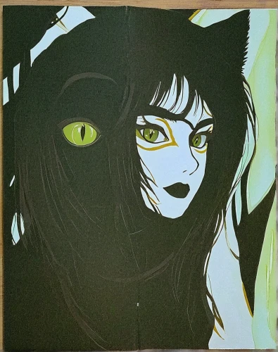 halloween frame,post-it note,glow in the dark paint,yellow eyes,cat eye,the enchantress,playmat,post-it,postit,cat eyes,acrylic paint,vampire lady,vampire woman,cat's eyes,glass painting,nepeta,widowmaker,cat frame,halloween poster,gold foil art,Illustration,Japanese style,Japanese Style 13