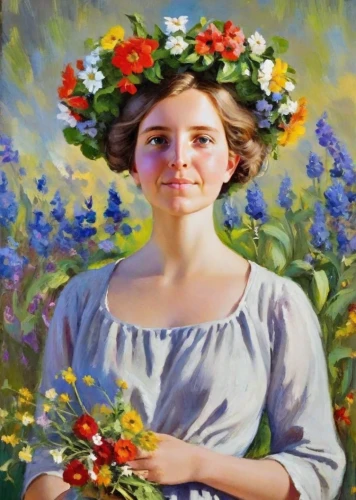girl in flowers,girl picking flowers,girl in the garden,girl in a wreath,beautiful girl with flowers,flower hat,flower painting,marguerite,wreath of flowers,portrait of a girl,young woman,oil painting,flower girl,woman's hat,splendor of flowers,flora,floral wreath,oil painting on canvas,blooming wreath,young girl