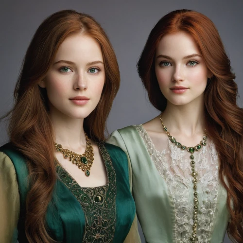celtic woman,redheads,porcelain dolls,princesses,celtic queen,gothic portrait,two girls,young women,pretty women,irish,natural beauties,beautiful photo girls,sisters,joint dolls,two beauties,mulberry family,elven,twins,beautiful women,queen anne,Illustration,Realistic Fantasy,Realistic Fantasy 16