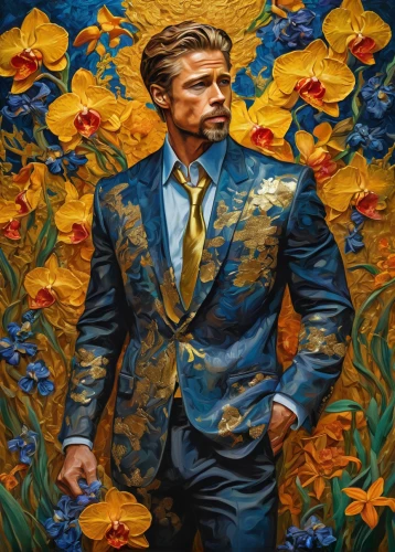 vincent van gough,vincent van gogh,flowered tie,painting technique,floral background,oil on canvas,field of flowers,art,golden flowers,oil painting on canvas,flower painting,fallen petals,flower gold,marigolds,men's suit,daffodils,potpourri,floral frame,petals,flower art,Illustration,Realistic Fantasy,Realistic Fantasy 39