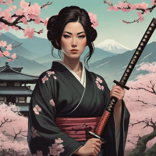 geisha,geisha girl,samurai,katana,mulan,plum blossoms,oriental princess,japanese sakura background,mukimono,samurai fighter,beautiful girls with katana,plum blossom,kimono,hanbok,oriental girl,japanese woman,goki,japanese art,japanese floral background,the cherry blossoms,Illustration,Japanese style,Japanese Style 08