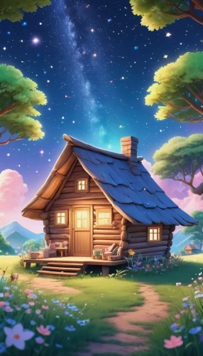 cartoon video game background,little house,lonely house,children's background,log cabin,home landscape,wooden house,summer cottage,beautiful home,log home,small house,small cabin,cottage,country cottage,country house,landscape background,houses clipart,wood daisy background,house silhouette,witch's house,Illustration,Japanese style,Japanese Style 01