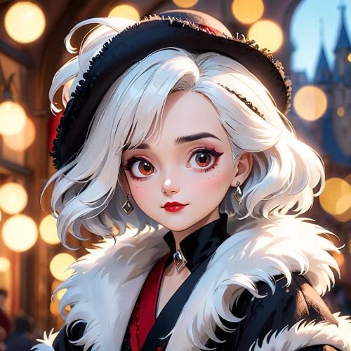 cruella de ville,cruella,fantasy portrait,fairy tale character,fairy tale icons,white fur hat,custom portrait,snowball,alice,poppy,disney character,winter cherry,portrait background,artist doll,snow white,gothic portrait,edit icon,elsa,city ​​portrait,girl portrait,Anime,Anime,Cartoon