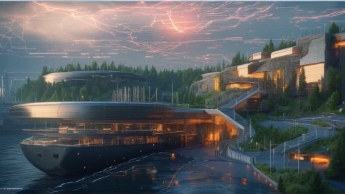 futuristic landscape,digital compositing,concept art,futuristic architecture,eco hotel,3d rendering,render,solar cell base,thunderstorm,futuristic art museum,hydroelectricity,visual effect lighting,sky space concept,lightning storm,development concept,electrical grid,aqua studio,eco-construction,electric arc,rendering,Photography,General,Sci-Fi