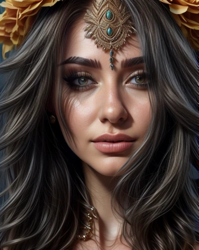 fantasy portrait,fantasy art,headdress,thracian,boho art,filigree,gold filigree,headpiece,tiger lily,world digital painting,ancient egyptian girl,portrait background,venetian mask,elven flower,cleopatra,zodiac sign libra,gold crown,diadem,feather headdress,golden crown