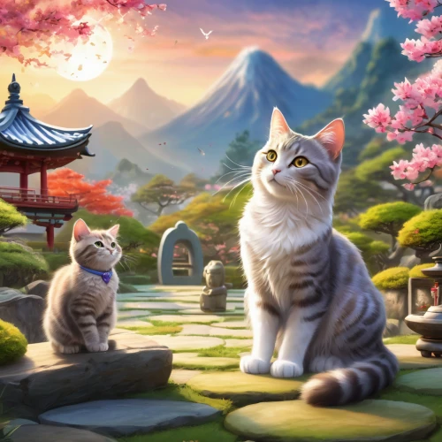 japanese sakura background,chinese pastoral cat,sakura background,japanese art,oriental painting,spring background,japanese floral background,japanese background,japanese bobtail,two cats,japanese icons,springtime background,blossom kitten,fantasy picture,landscape background,sakura trees,sakura blossoms,cat lovers,cute cat,oriental,Illustration,Realistic Fantasy,Realistic Fantasy 01