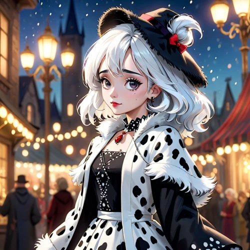 cruella,cruella de ville,dalmatian,winter festival,christmas market,winter dress,white winter dress,christmas snowy background,snowball,suit of the snow maiden,figaro,christmas girl,anime japanese clothing,harajuku,winter clothing,disney character,winter background,elsa,the carnival of venice,winter clothes,Anime,Anime,Cartoon