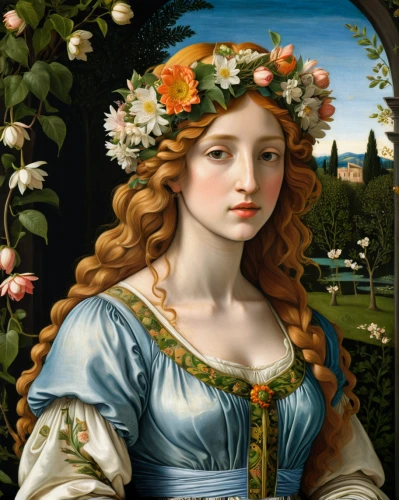 botticelli,girl in the garden,girl in flowers,girl picking flowers,girl in a wreath,flora,portrait of a girl,wreath of flowers,floral wreath,lacerta,florentine,beautiful girl with flowers,artemisia,the angel with the veronica veil,portrait of a woman,young woman,italian painter,splendor of flowers,secret garden of venus,fiori,Art,Classical Oil Painting,Classical Oil Painting 19