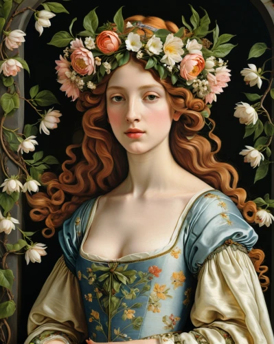girl in a wreath,wreath of flowers,floral wreath,rose wreath,laurel wreath,blooming wreath,girl in flowers,emile vernon,botticelli,flora,flower wreath,spring crown,portrait of a girl,flower crown of christ,beautiful girl with flowers,floral garland,girl in the garden,primrose,bouguereau,queen anne,Art,Classical Oil Painting,Classical Oil Painting 25