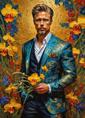 gentleman icons,gardener,oil painting on canvas,tyrion lannister,floral frame,oil on canvas,wedding suit,floral background,men's suit,vincent van gough,golden flowers,italian painter,bridegroom,a black man on a suit,persian poet,portrait background,the suit,saint joseph,flowered tie,flower background,Illustration,Realistic Fantasy,Realistic Fantasy 39