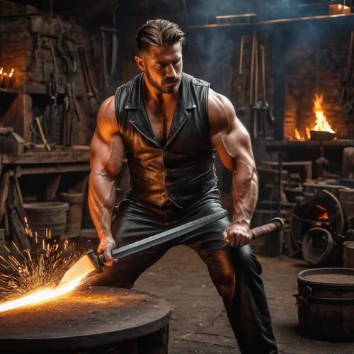 blacksmith,wolverine,tinsmith,hercules,kickboxer,steelworker,splitting maul,iron-pour,forge,dane axe,wood shaper,foundry,potter's wheel,god of thunder,muscular build,edge muscle,iron pour,metalsmith,action hero,stonemason's hammer,Photography,General,Fantasy