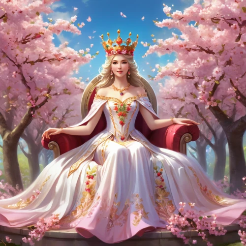 spring crown,fairy queen,japanese sakura background,princess crown,blossoming apple tree,heart with crown,queen crown,apple blossoms,a princess,sakura background,queen of hearts,sakura tree,princess,the cherry blossoms,spring unicorn,cherry blossom tree,spring background,pear blossom,oriental princess,apple tree blossom,Illustration,Realistic Fantasy,Realistic Fantasy 01