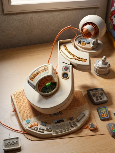 apple desk,retro turntable,toy cash register,vacuum coffee maker,sewing machine,tape dispenser,wooden desk,retro diner,sega dreamcast,computer desk,consoles,low poly coffee,radio-controlled toy,vinyl player,desk organizer,desk accessories,computer speaker,dreamcast,music instruments on table,kids cash register