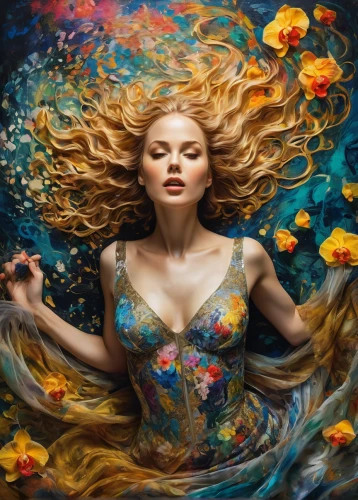 girl in flowers,fantasy art,mystical portrait of a girl,the wind from the sea,falling flowers,passion bloom,the blonde in the river,blonde woman,little girl in wind,oil painting on canvas,wind wave,flower of passion,splendor of flowers,psychedelic art,fantasy portrait,art painting,siren,flora,wild flower,boho art,Illustration,Realistic Fantasy,Realistic Fantasy 39