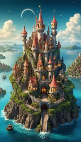 fairy tale castle,mushroom island,fantasy city,fantasy world,fairytale castle,castel,water castle,house of the sea,monkey island,3d fantasy,disney castle,flying island,islet,castles,fantasy landscape,cartoon video game background,bird kingdom,fairy world,popeye village,basil's cathedral,Illustration,Realistic Fantasy,Realistic Fantasy 02