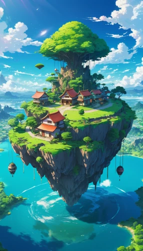 floating island,mushroom island,floating islands,flying island,island suspended,island,artificial island,an island far away landscape,mushroom landscape,the island,tree house,islet,studio ghibli,meteora,islands,treehouse,green island,isle,monkey island,delight island,Illustration,Japanese style,Japanese Style 03