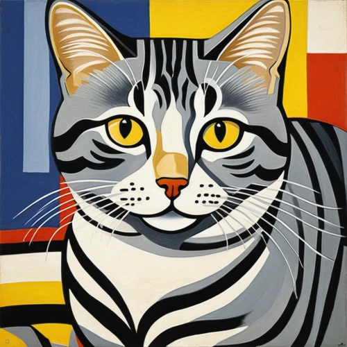 roy lichtenstein,american shorthair,cat vector,cat portrait,popart,bengal,cool pop art,tabby cat,picasso,cubism,cat european,a tiger,american bobtail,tiger,striped background,cat image,pop art style,geometrical animal,stripe,silver tabby,Art,Artistic Painting,Artistic Painting 39