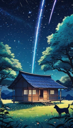 starry sky,tobacco the last starry sky,meteor shower,shooting stars,shooting star,starry night,the night sky,night stars,star sky,lonely house,night sky,constellation wolf,stargazing,falling stars,the stars,christmasstars,perseids,clear night,astronomy,starlight,Illustration,Japanese style,Japanese Style 04