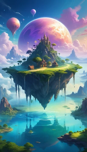 fantasy landscape,mushroom landscape,mushroom island,futuristic landscape,3d fantasy,floating island,an island far away landscape,fantasy world,floating islands,fairy world,fantasy picture,alien world,flying island,landscape background,alien planet,fantasy art,high landscape,mountain world,dream world,meteora,Illustration,Realistic Fantasy,Realistic Fantasy 01