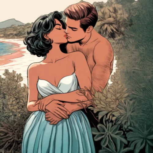 honeymoon,romance novel,stony,blue hawaii,vintage illustration,hypersexuality,background ivy,kissing,love in the mist,wedding icons,beach background,roaring twenties couple,valentine day's pin up,garden of eden,lover's beach,cheek kissing,steve rogers,vintage man and woman,first kiss,coloring