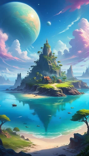 fantasy landscape,an island far away landscape,mushroom island,landscape background,flying island,fantasy picture,3d fantasy,mushroom landscape,fantasy world,floating island,islands,futuristic landscape,island,islet,fairy world,delight island,the island,world digital painting,fantasy art,floating islands,Illustration,Realistic Fantasy,Realistic Fantasy 01