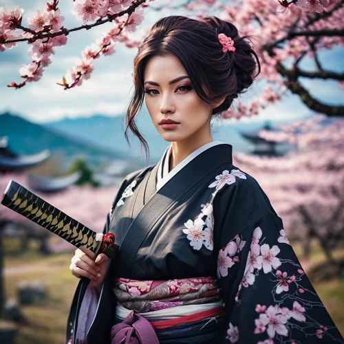 geisha,geisha girl,japanese woman,plum blossoms,beautiful girls with katana,japanese sakura background,japanese culture,mukimono,samurai,japanese floral background,sakura blossom,samurai fighter,cherry blossom japanese,katana,japanese art,japanese cherry blossom,japanese cherry,japanese style,kimono,floral japanese,Illustration,Realistic Fantasy,Realistic Fantasy 15