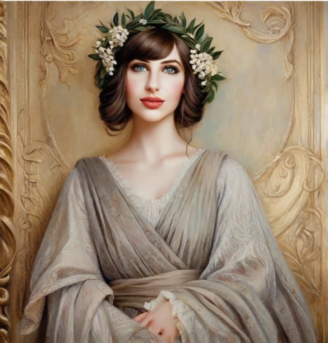 art deco woman,girl in a wreath,emile vernon,art deco frame,vintage female portrait,art deco wreaths,romantic portrait,portrait of a girl,cleopatra,laurel wreath,art nouveau frame,portrait of christi,vintage art,magnolia,portrait of a woman,oil painting on canvas,young woman,mary-gold,oil painting,vintage woman