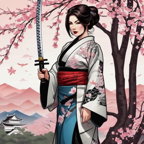 geisha,mukimono,geisha girl,katana,japanese sakura background,beautiful girls with katana,plum blossoms,samurai,hanbok,kimono,swordswoman,mulan,sakura background,samurai fighter,goki,japanese art,tsukemono,motsunabe,oriental princess,plum blossom,Art,Artistic Painting,Artistic Painting 44