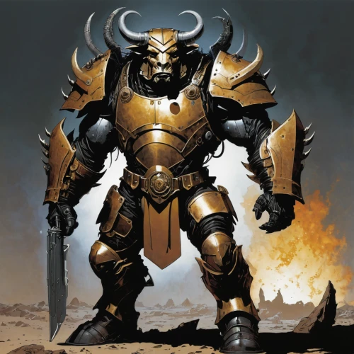 minotaur,paladin,warlord,heavy armour,heroic fantasy,gold paint stroke,armored animal,fantasy warrior,armored,butomus,kryptarum-the bumble bee,massively multiplayer online role-playing game,iron mask hero,war machine,dark blue and gold,brute,gold chalice,armor,ork,crusader,Illustration,American Style,American Style 06